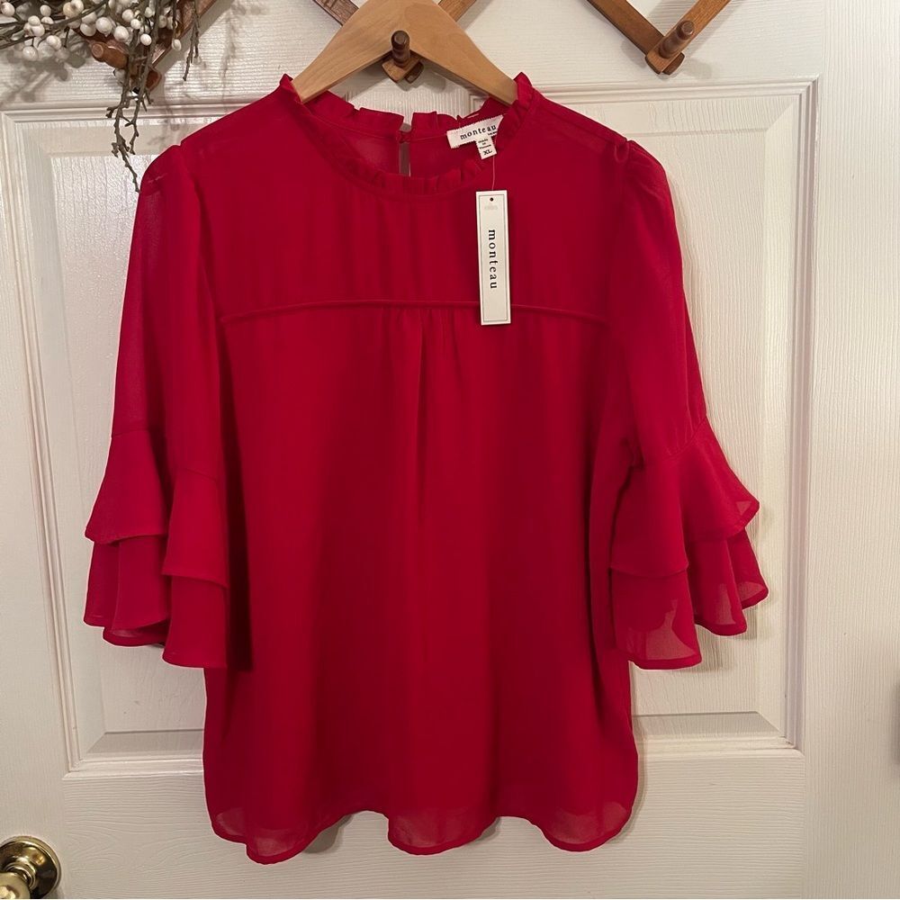 Monteau Red Ruffle Sleeve Blouse